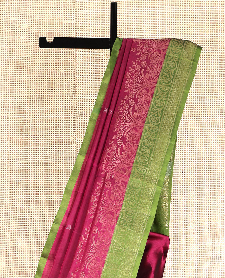 Wine Mayuri Lite Silk Mix Saree, Sparsely Woven with Buttas, Complemented by Contrast Border of Kodi Visiry, and Mayil Kann, Intricate Pallu, and a Contrast Blouse