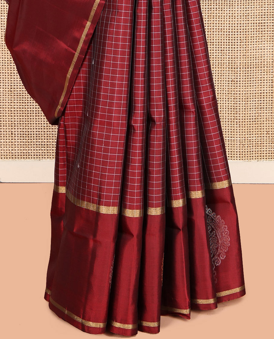 Dark Rust Mayuri Lite Silk Mix Saree, Subtly Sparkled With Buttas and Checks, Highlighted by Zari Border, Intricate Pallu and a Matching Blouse