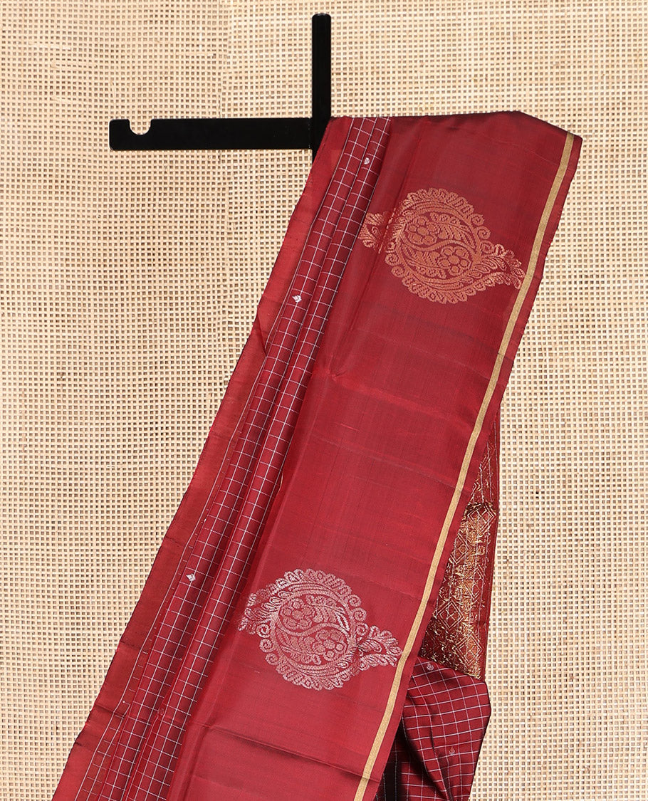 Dark Rust Mayuri Lite Silk Mix Saree, Subtly Sparkled With Buttas and Checks, Highlighted by Zari Border, Intricate Pallu and a Matching Blouse