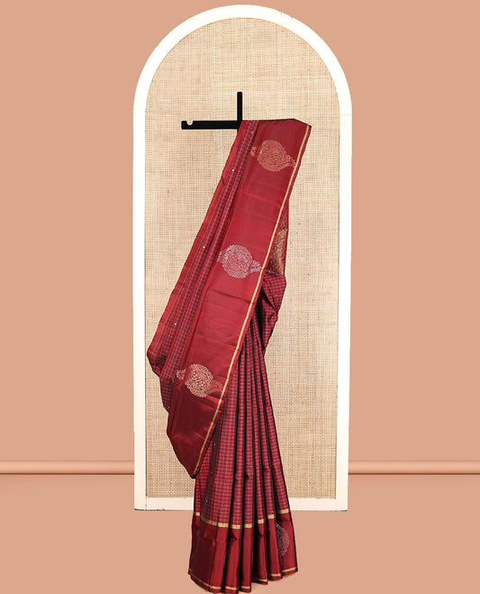 Dark Rust Mayuri Lite Silk Mix Saree, Subtly Sparkled With Buttas and Checks, Highlighted by Zari Border, Intricate Pallu and a Matching Blouse