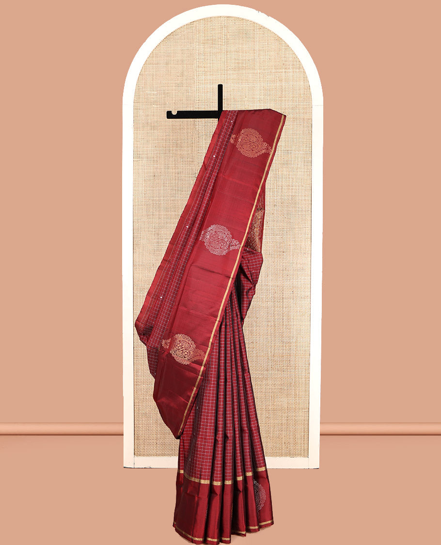 Dark Rust Mayuri Lite Silk Mix Saree, Subtly Sparkled With Buttas and Checks, Highlighted by Zari Border, Intricate Pallu and a Matching Blouse
