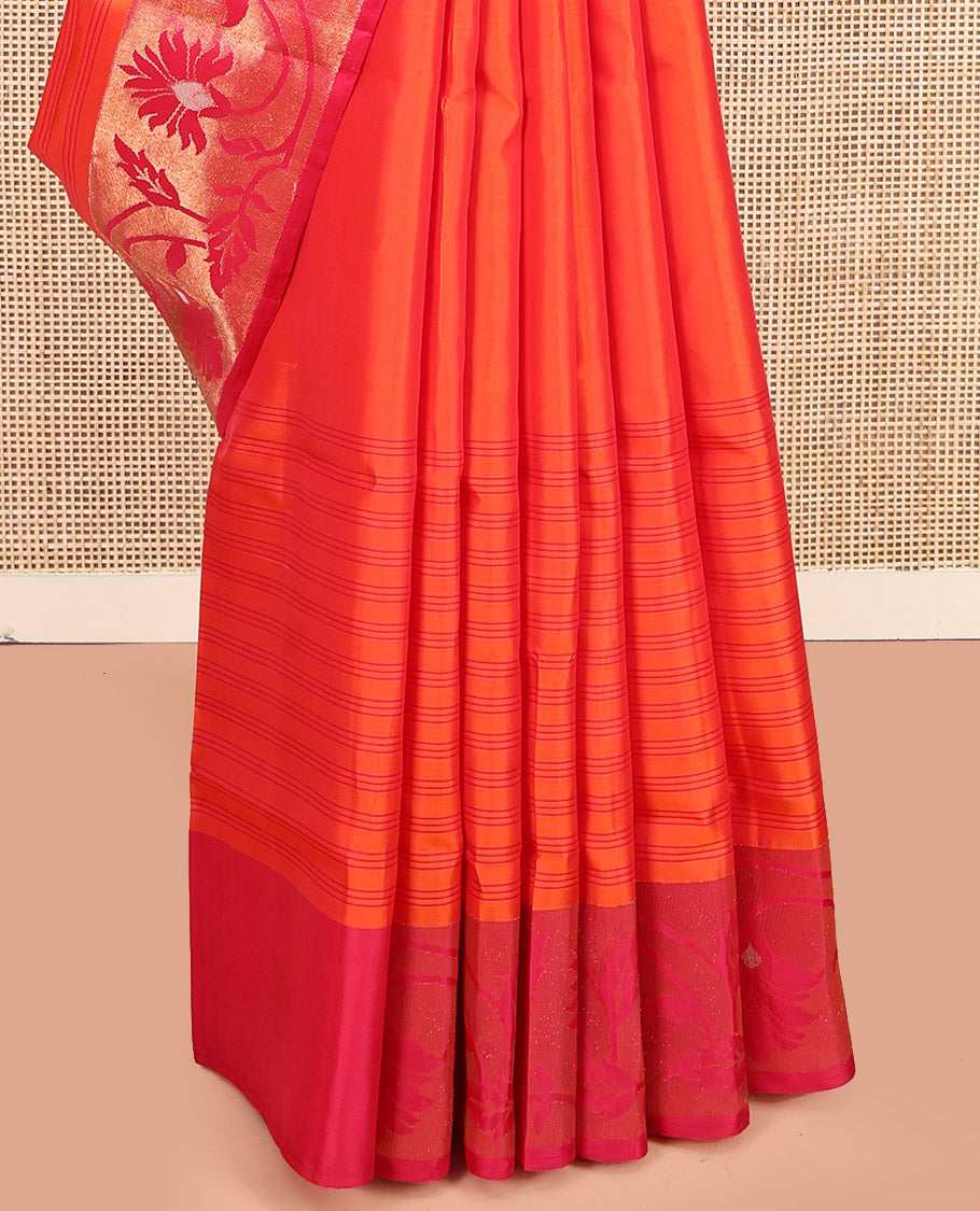 Orange Mayuri Soft Silk Saree, Subtly Sparkled with Stripes, Complemented by a Contrast Floral Creeper Border, a Pallu of Floral Designs, and a Contrast Blouse