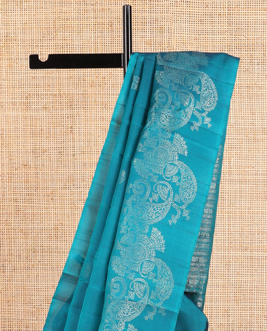 Borderless blue floral design mayuri soft silk saree with intricate zari design pallu
