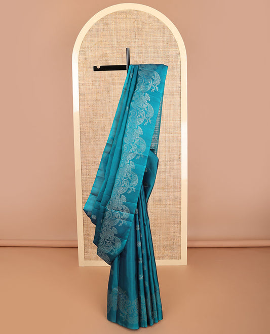 Borderless blue floral design mayuri soft silk saree with intricate zari design pallu