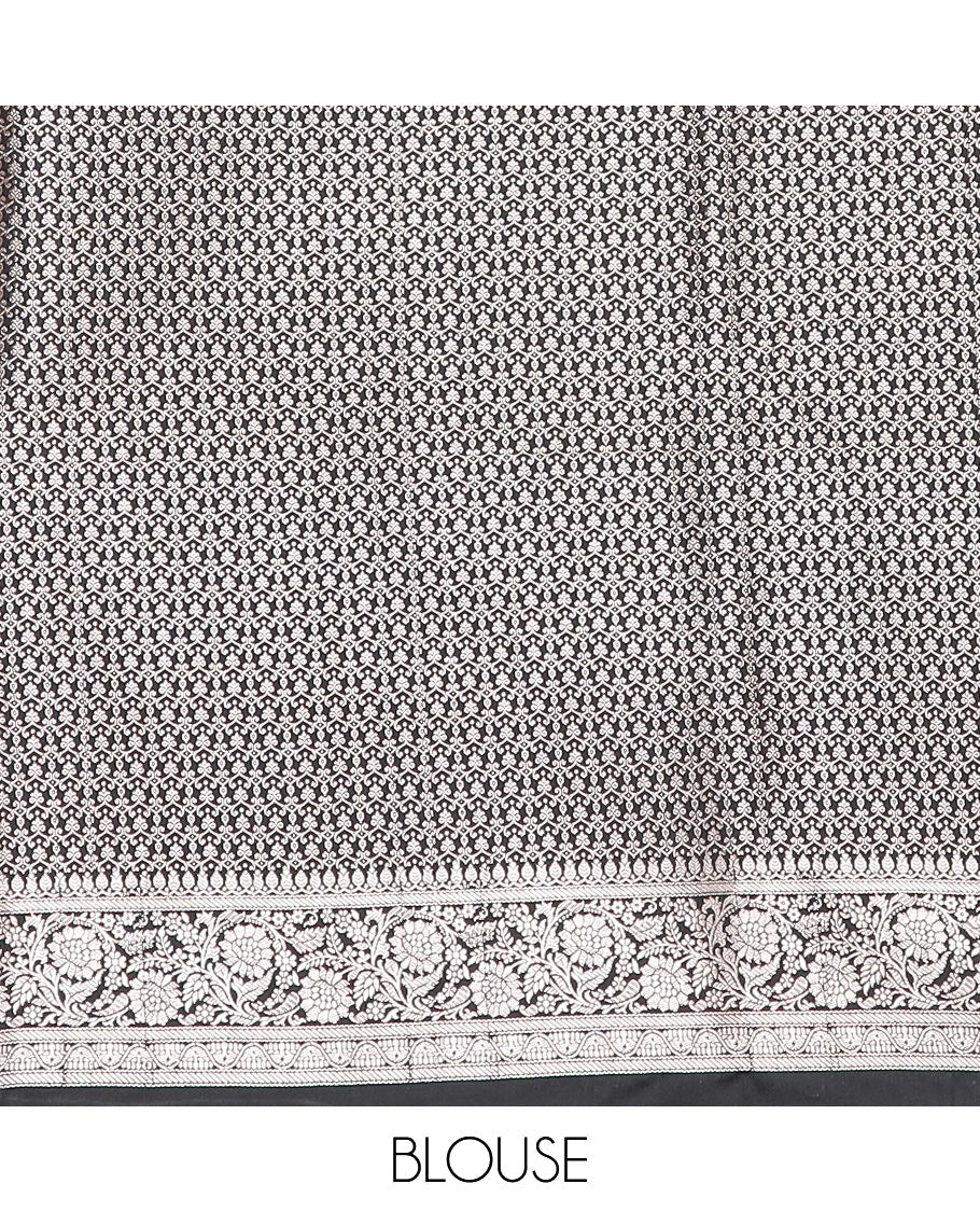 Black zari buttas mushru silk saree, floral creeper design border, and intricately designed pallu