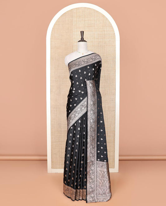 Black zari buttas mushru silk saree, floral creeper design border, and intricately designed pallu