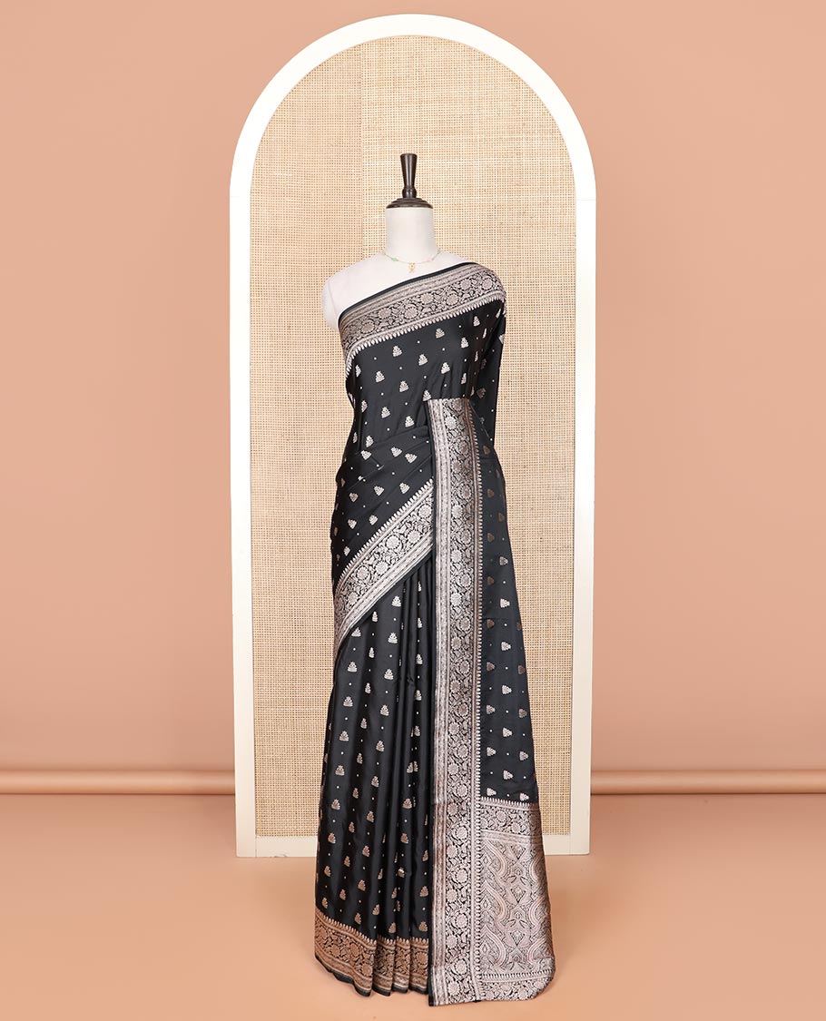 Black zari buttas mushru silk saree, floral creeper design border, and intricately designed pallu