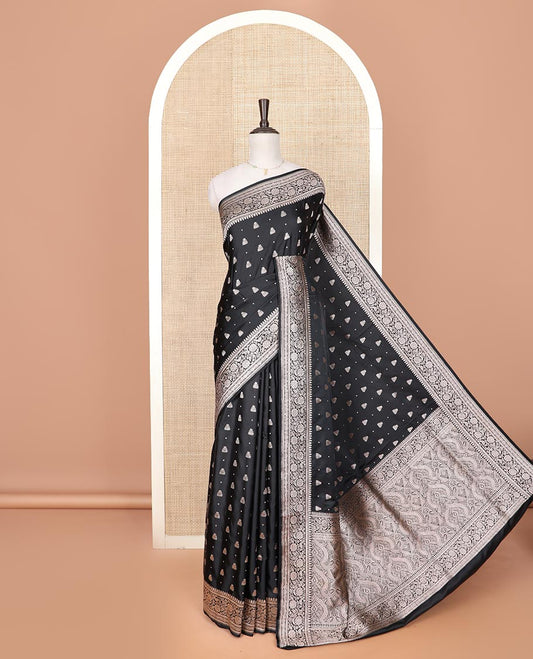 Black zari buttas mushru silk saree, floral creeper design border, and intricately designed pallu