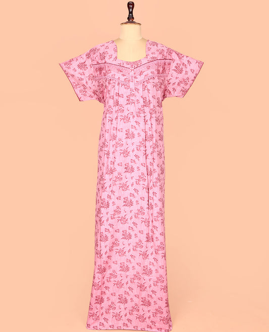 Pink Cotton Nighty Subtly Sparkled with Floral Print, Featuring Lace Work, Square Front Neck, and Half  Sleeves