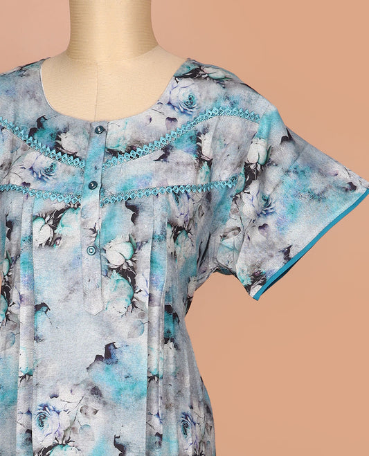 Blue abstract floral printed round neck lace work half-sleeve cotton nighty