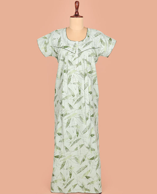 Pale Green Cotton Nighty Adorned with Geometric Patterns Print, Featuring Neck Lace Work, Round Front Neck, and Half-Sleeves