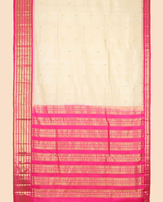 Cream buttas nine yards silk saree with contrast traditional zari design border & intricate zari design pallu