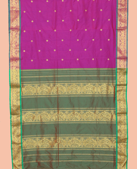 Rani Art-Silk Nine Yard Saree, Adorned with Zari Buttas, Complemented by a Contrast Traditional Zari Border, Pallu of Peacock Designs, and No Blouse