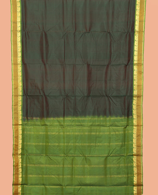 Green Striped Nine-Yard Silk Saree, Complemented by a Contrast Rettai Pettu Border of Yaanai and Kathir Design, Striped Pallu, and No Blouse