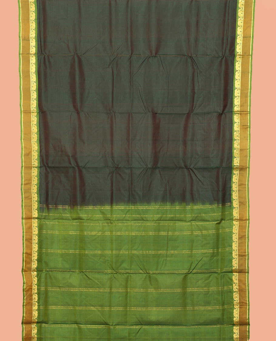 Green Striped Nine-Yard Silk Saree, Complemented by a Contrast Rettai Pettu Border of Yaanai and Kathir Design, Striped Pallu, and No Blouse
