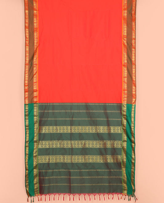 Orange Plain Ten Yard Art Silk Saree, Complemented by a Contrast Rettai Pettu Traditional Border of Rudraksham Motifs, and Pallu Mirrors the Same Border Designs