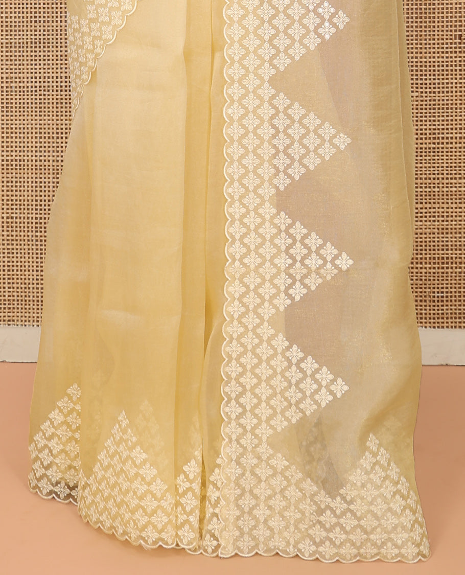 Yellow Plain Organza Saree, a Subtle Scallop-Embroidered Border, and Matching Blouse
