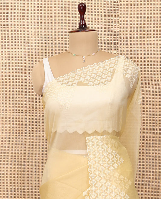 Yellow Plain Organza Saree, a Subtle Scallop-Embroidered Border, and Matching Blouse