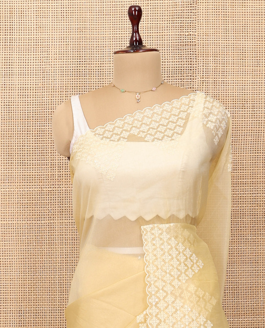 Yellow Plain Organza Saree, a Subtle Scallop-Embroidered Border, and Matching Blouse
