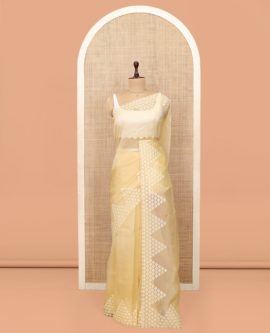 Yellow Plain Organza Saree, a Subtle Scallop-Embroidered Border, and Matching Blouse