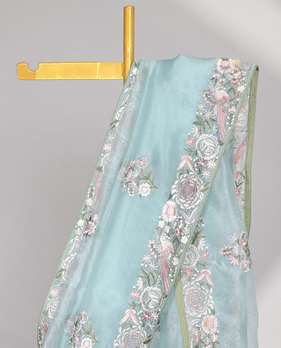 Blue floral motifs embroidered semi-banaras organza saree & floral embroidered border