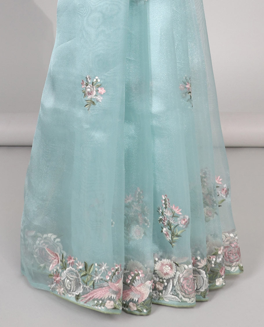 Blue floral motifs embroidered semi-banaras organza saree & floral embroidered border