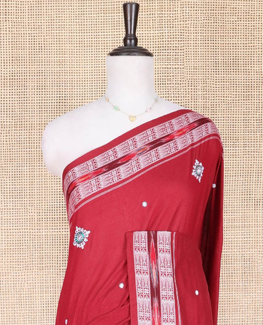 Red Odisha Cotton Saree, Highlighted with Buttas All Over the Body, Subtle Self-Border Steeped with Fish Motifs, Captivating Contrast Pallu of Unique Designs, and Paired with a Contrast Blouse