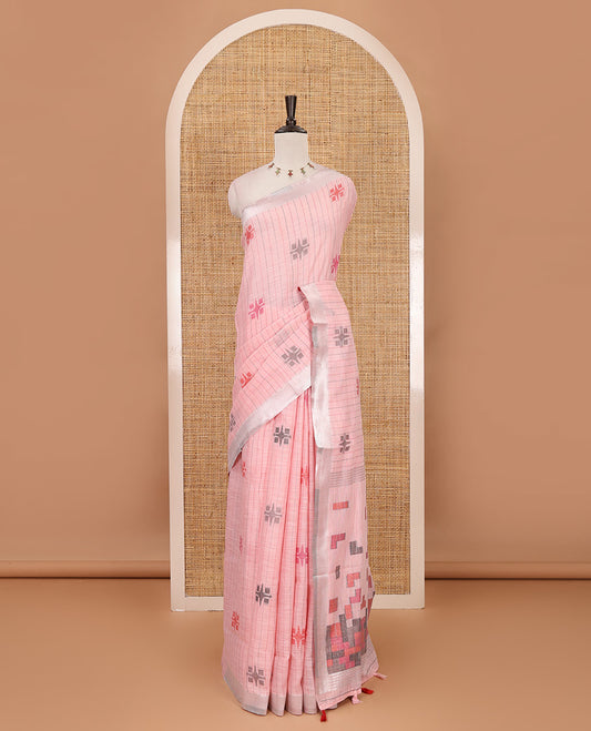 Baby pink vertical stripes & geometric buttas Jute linen saree, Sliver zari border, geometric patterned pallu & vertical striped blouse