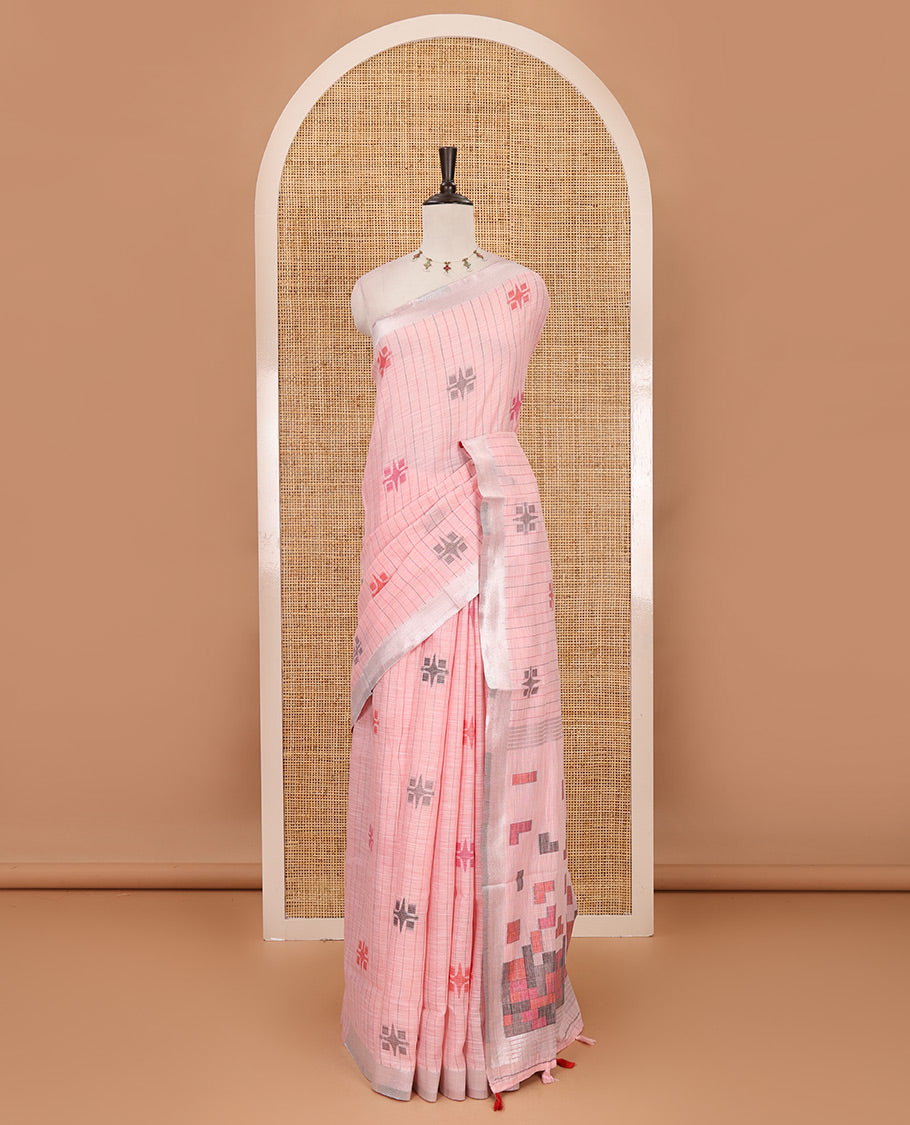 Baby pink vertical stripes & geometric buttas Jute linen saree, Sliver zari border, geometric patterned pallu & vertical striped blouse