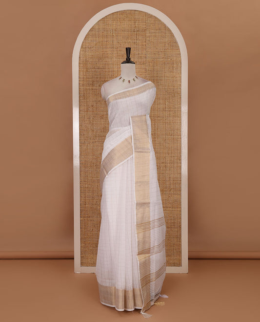 Cream checked Mercerised cotton saree, temple zari self-border, striped pallu & small striped blouse