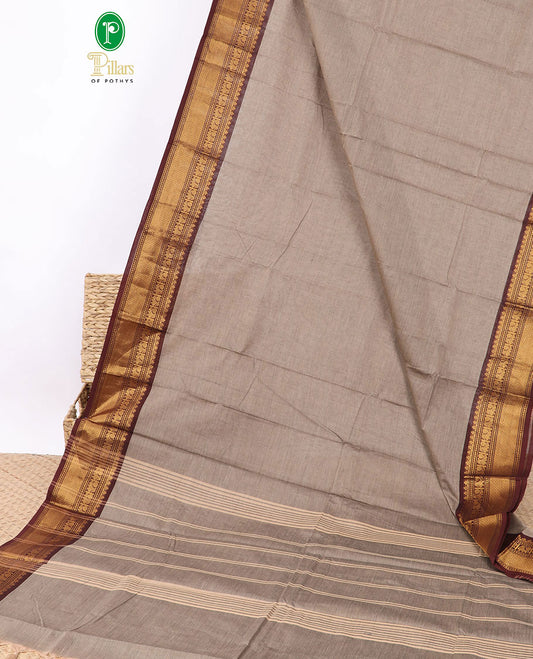 Grey chettinad cotton saree with contrast peacock, gatti design border