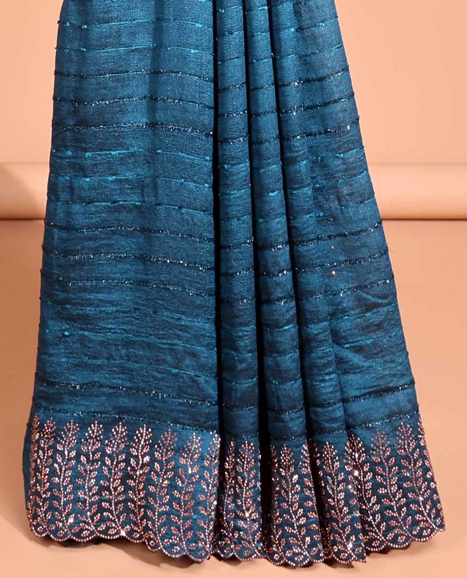 Blue  all over line neem zari design with copper color swastik stone work & plain , swastik stone work blouse