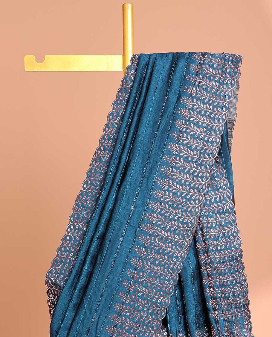 Blue  all over line neem zari design with copper color swastik stone work & plain , swastik stone work blouse