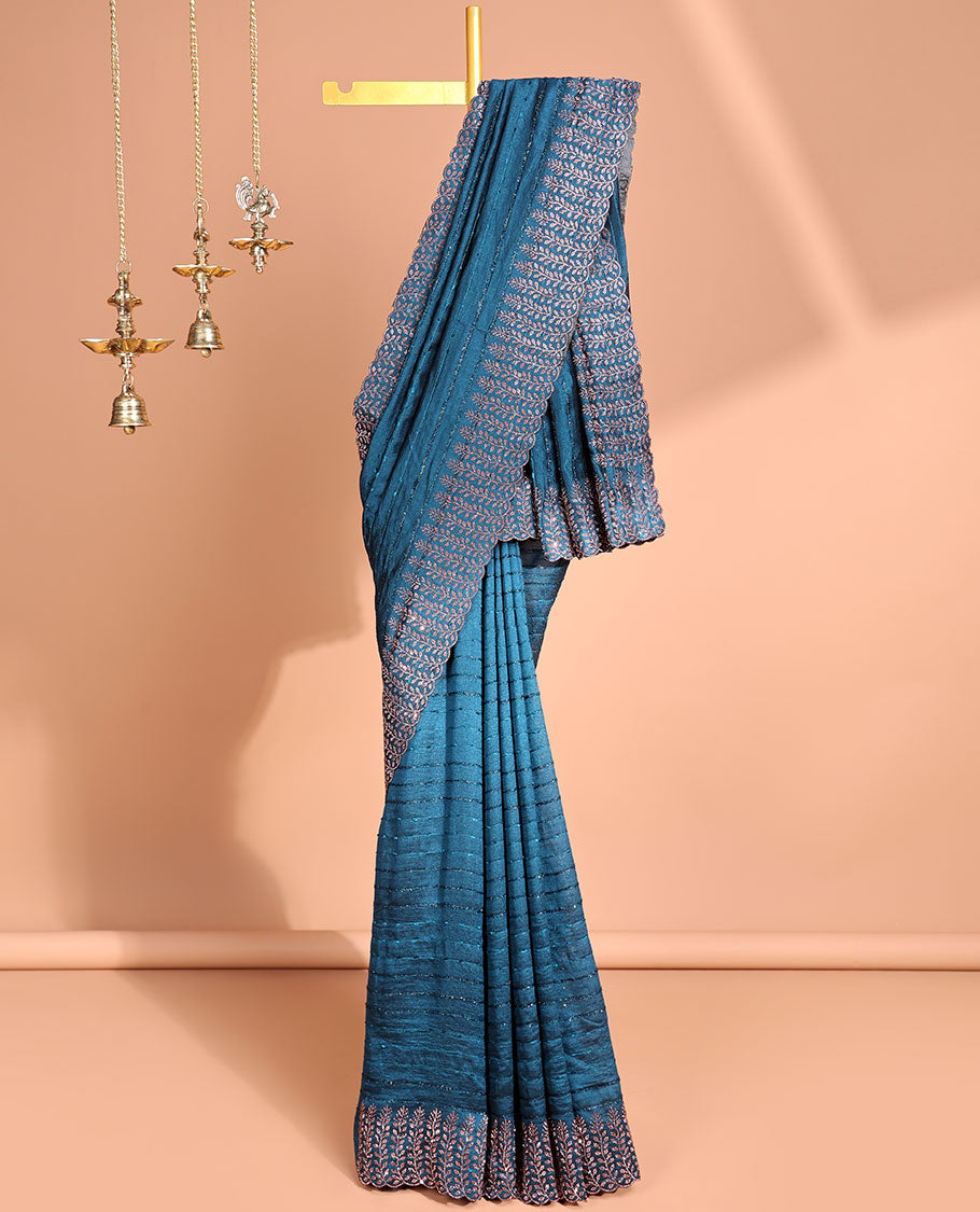Blue  all over line neem zari design with copper color swastik stone work & plain , swastik stone work blouse