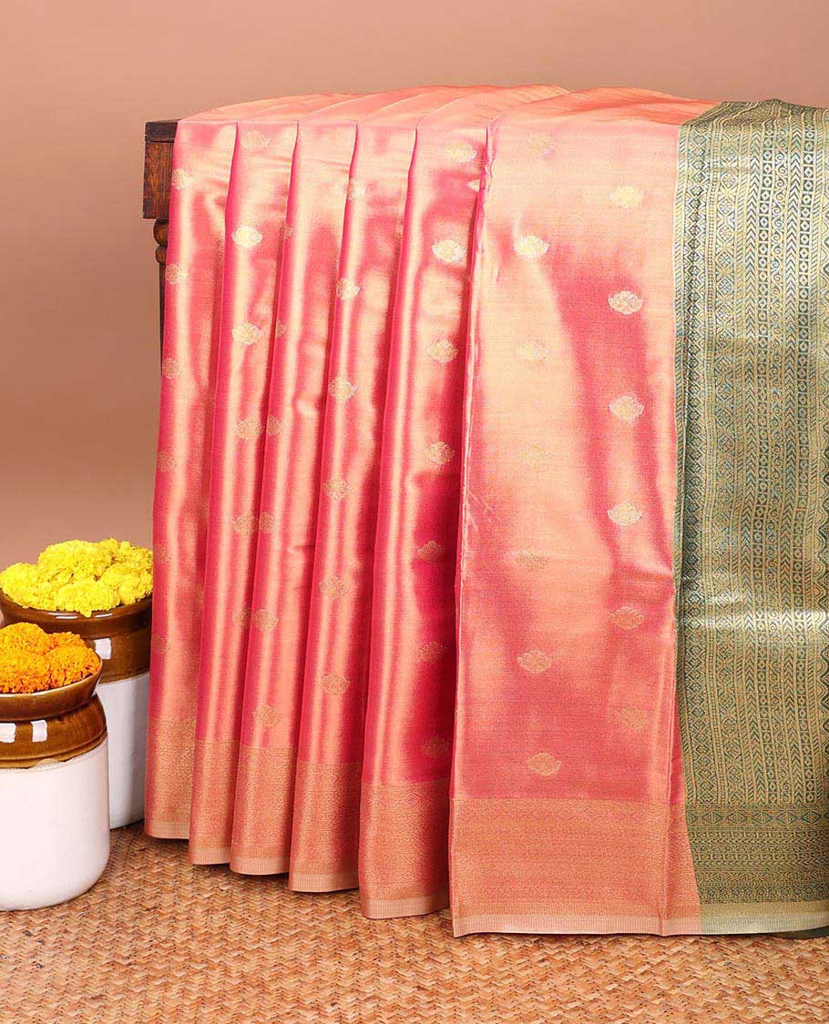 Pink zari butta tissue saree with zari  brocade design of border &  brocadedesign of pallu