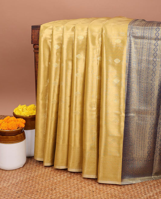 Mustard floral buttas soft silk saree with self zari design border & zari jaal design pallu