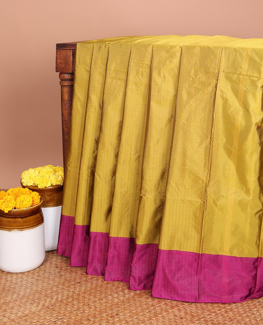 Mustard  allover vari ousi zari checks bhavasha silk saree with velthari design border & self lining, tussels pallu along with contrast plain blouse