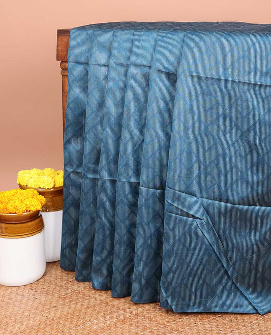 Borderless Blue brasso weaving design semi-khicha jute saree with weaving with sequins , tussels & vertical lining weaving design blouse