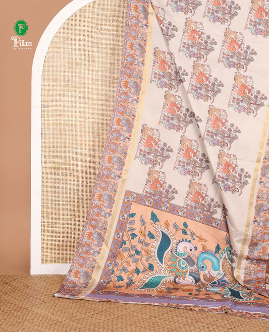 Cream kalamkari printed dola saree with kalamkari printed border & kalamkari fancy pallu along with printed blouse