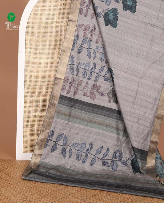 Light grey digital floral printed semi  tussar saree with zari bawanchi border & printed pallu along with printed blouse