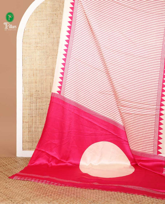 Cream with rani pink vertical lining design modal satin saree with remple printed border & big circle design pallu along with printed blouse