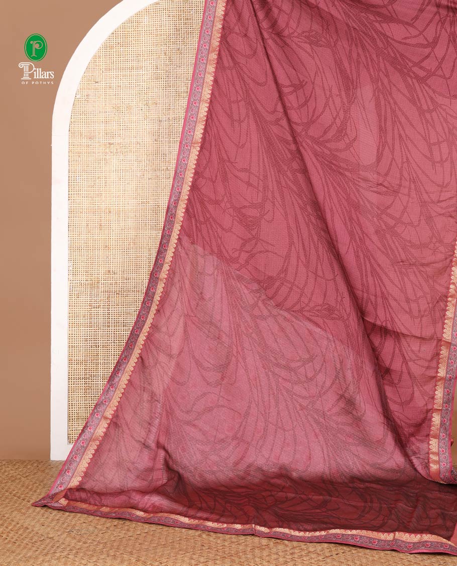 Pink floral digital print twill chiffion saree with zari, printed border & self pallu along with printed blouse