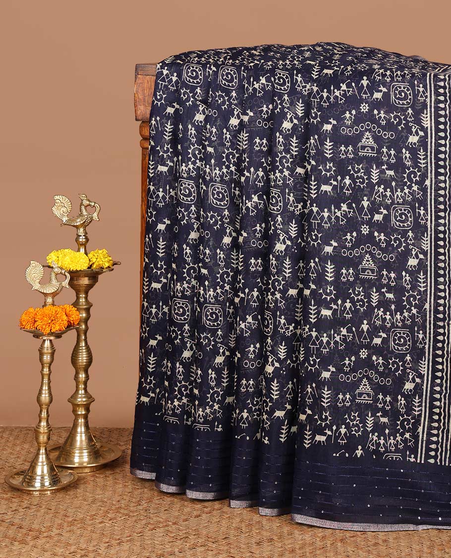 navy blue worli printed soft mercerised cotton saree with sequins work border & printed pallu along with butta design blouse