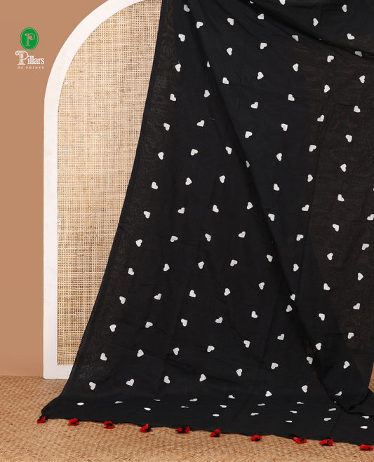 Borderless Black heart thread embroidery jute cotton saree with self pallu & plain blouse