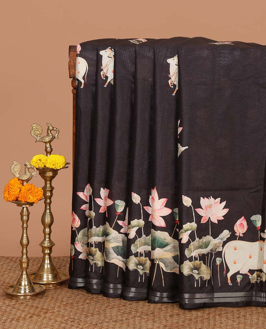 Black pichwai print muslin cotton saree with zari piping border & pichwai printed pallu along with lotus flower printed blouse