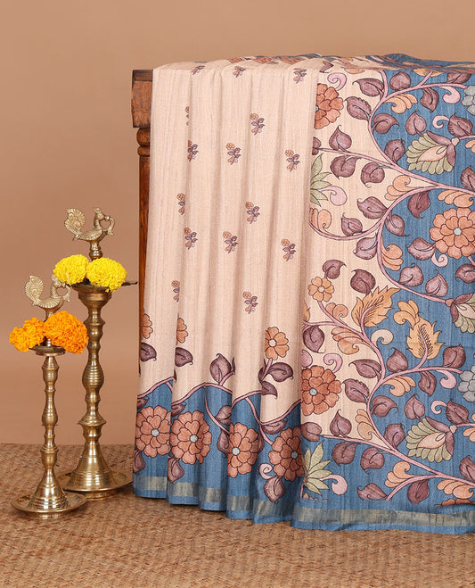 Cream floral motif printed katan silk saree, contrast blue-color border & pallu of kalamkari-style floral vine print