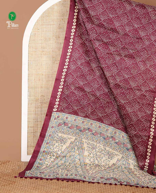 Wine Bandhani-style printed khadi cotton saree, printed border & colorful madhubani-style printed pallu