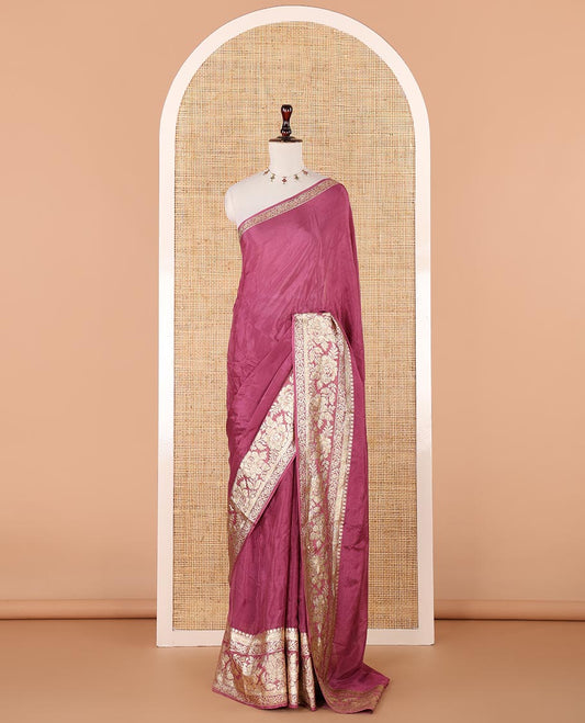 Onion pink plain crepe saree, zari border steeped with rose floral designs, plain pallu & blouse of zari polka dots