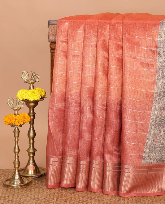 Orange ombre zari checked tissue jute saree, traditional zari border,Madhubani hand painting-style printed pallu & fish print blouse