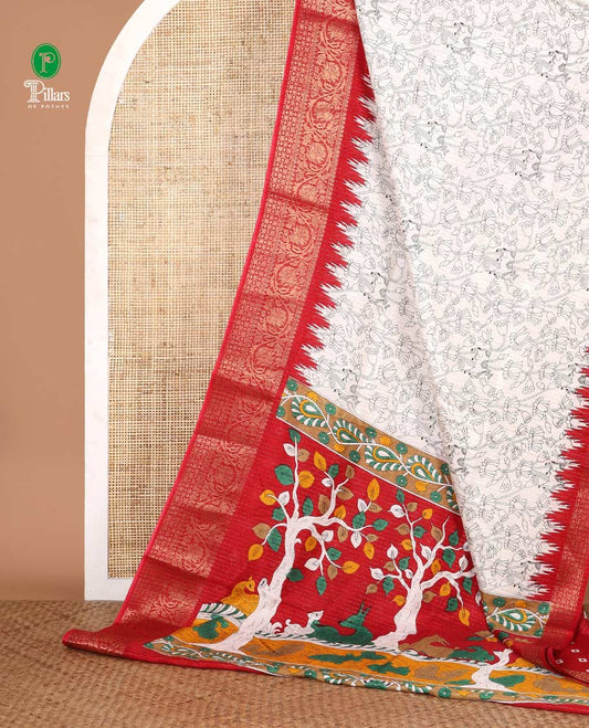 White pichwai cow & lotus printed dola silk saree,contrast red temple traditional zari border, kalamkari printed pallu & printed blouse